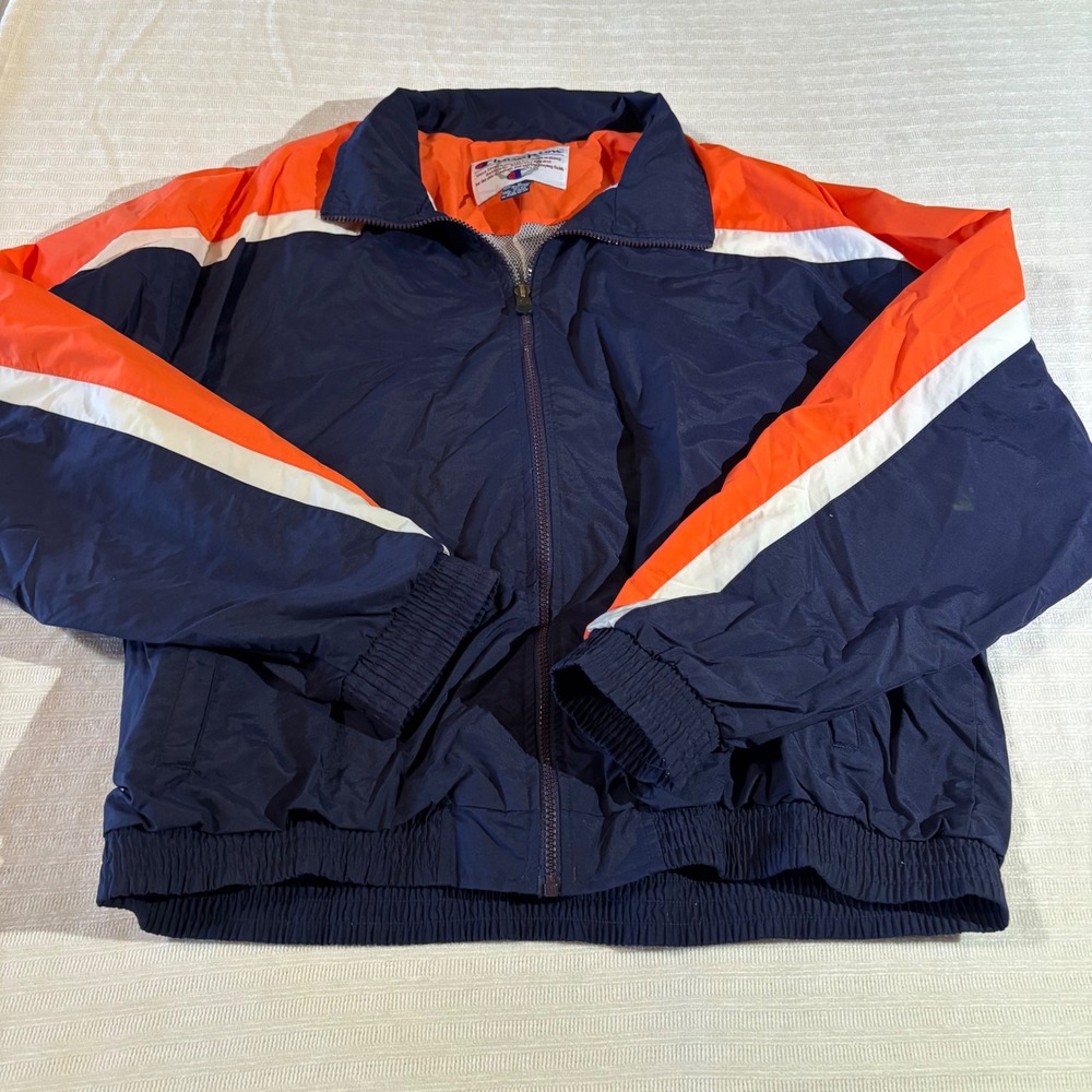 Champion Windbreaker Jacket Mens XL Navy Orange Colorblock Full Zip Athletic Vtg